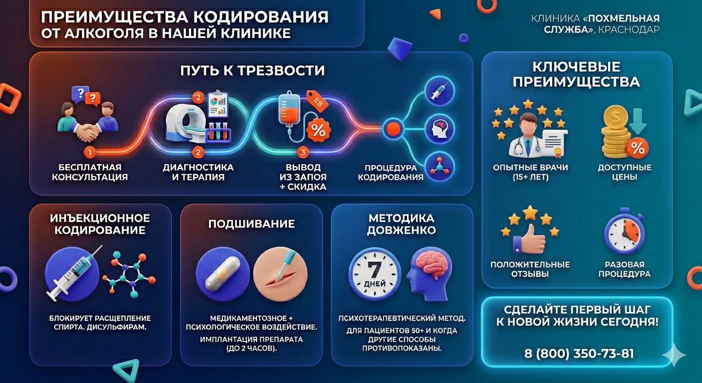 Инфографика о методах кодирования от алкоголя в Пограничном: инъекции, подшивание, метод Довженко. Преимущества клиники и этапы лечения.